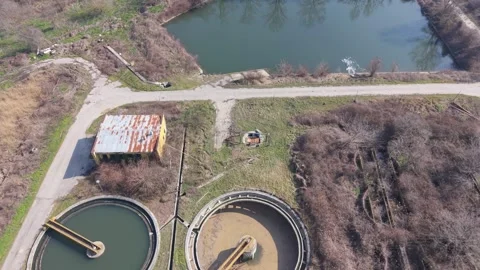 Top Down Drone View Of Wastewater Treatment Plant Tanks Stock Footage 330131910