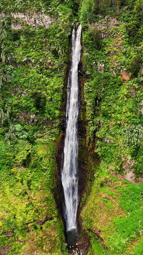 Top Down Drone View of Waterfall Flowing Through Green Rocky Cliffs Stock Footage 324621405