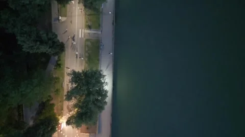 Top Down Drone View of Waterfront Walkway at Blue Hour Stock Footage 341766883