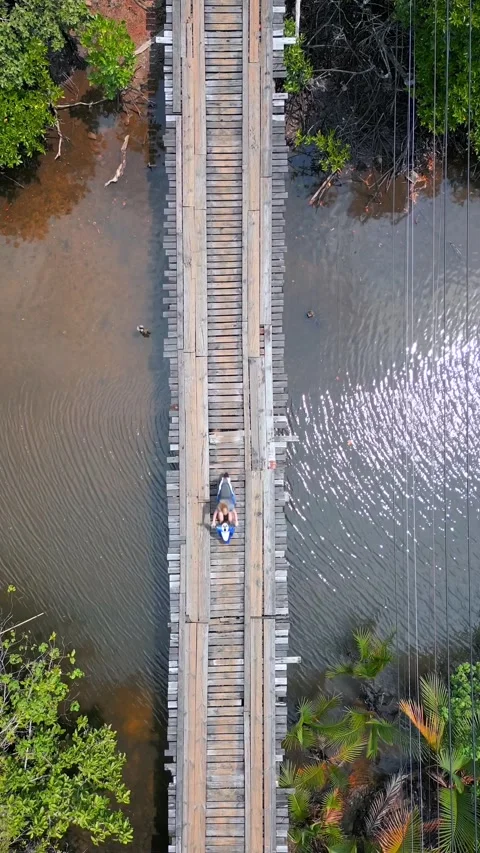 Top-down drone view of woman riding scooter across wooden bridge in Thailand Video stock 336656002