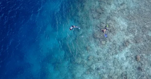 Top down drone view zooming on couple snorkeling on clean emerald water 스톡 동영상 118243682