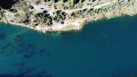 Top Down Dutch Tilt Over Lake Kaindy Sunken Forest. Kazakhstan, Lake Kaindy Stock Footage 332943617