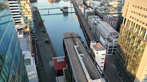 Top down edge reveal over Dsseldorf harbour basin Stock Footage 331197272