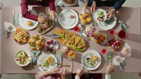 Top Down of Family on Easter Dinner at Home Stock Footage 224552908