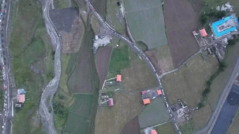 Top Down Fields And River In Mountain Valley in Sichuan, China Stock Footage 344034976