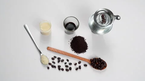 Top Down Flat Lay Vietnamese Coffee Combo Ingredients White Video stock 331935636
