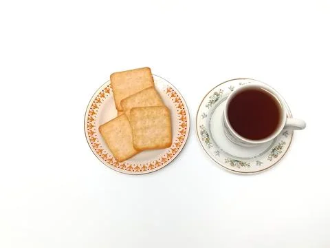 Top Down Flat Lay View of Black Coffee Cup and Sugar Biscuits Stock Photos