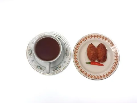 Top Down Flat Lay View of Black Coffee Cup and Potato Croquettes 스톡 사진