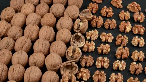 Top Down Flat Lay Walnut Processing Stages Comparison Stock Footage 332529001