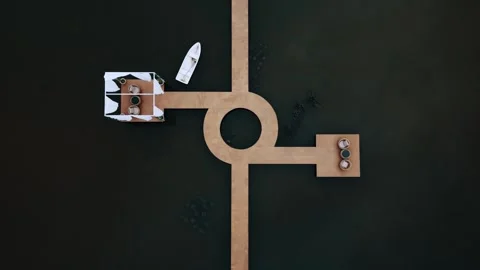 Top down fly over wooden walkway, perfect symmetry, circlar and straight. Stock Footage 267201514