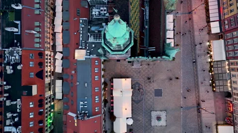Top down flyover of Wrocław Town Hall and Market Square at dusk Stock Footage 346663056