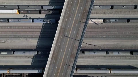 Top Down Freight Train Switch Yard Wilmington Caifornia Drone Aerial View Stock Footage 335429654