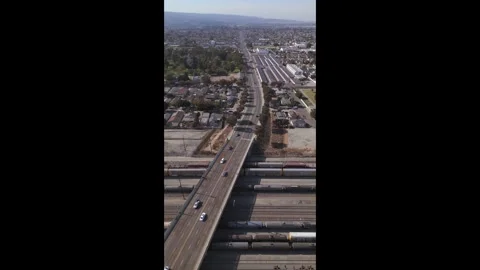 Top Down Freight Train Switch Yard Wilmington Caifornia Drone Aerial View Stock Footage 335430052