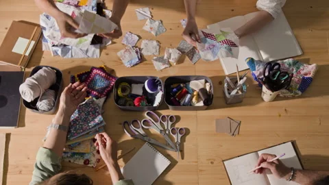 Top Down of Group of Creative Adults Crafting Patchwork Quilt Stock Footage 341940866