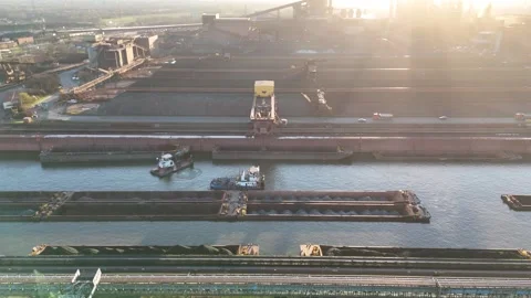 Top down harbor with raw material barge and crane Stock-Footage 331204283