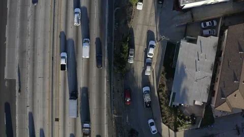 Top Down on Highway 101 Los Angeles California Drone Aerial View Stock Footage 147220594
