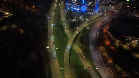 Top-Down Highway View in Sofia Revealing Illuminated Buildings and Cityscape Stock Footage 321896420