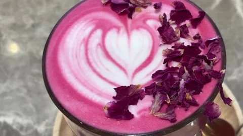 Top Down Luxury Shot Of Rose Latte On Gray Marble Vídeos de archivo 332662543