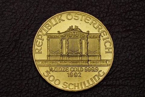 Top Down Macro Shot of the tails side of a "Wiener Philharmoniker 1/4 unze .. Stock Photos