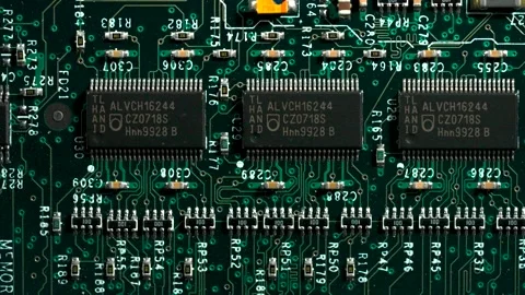 Top down macro view of electronic circuit board with microchips Stock Footage 335030881