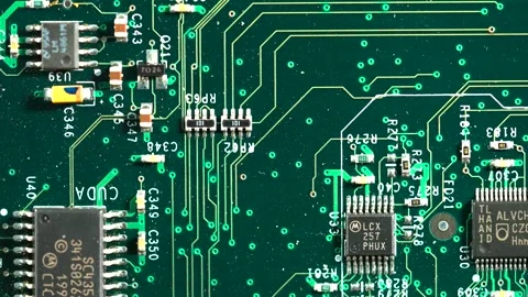 Top down macro view of electronic circuit board with microchips Stock Footage 335031021