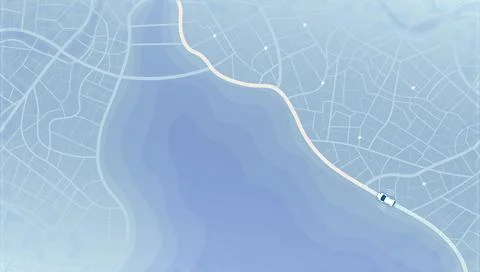 Top down map view showing white car driving along coastal route on blue Stock Illustration