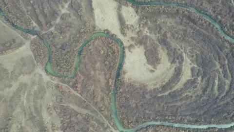 Top Down Meandering River Bend in Inner Mongolia, China Stock Footage 344037041