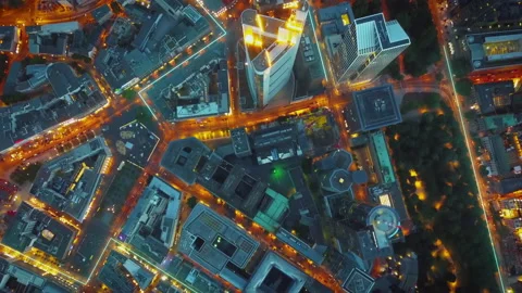 Top down with of modern urban borough in metropolis at dusk. Visualised paths by Stock Footage 225663502