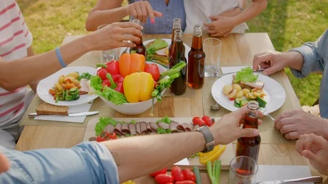 Top Down Moving Shot: Big Family Garden Party Celebration, People Eating Stock Footage 96580740