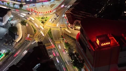 Top down night perspective of a major intersection in George Town, Video stock 332086814