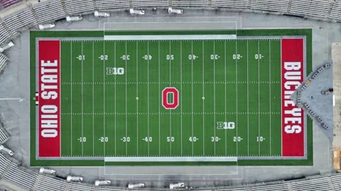Top down of Ohio Stadium field, home of the Ohio State University Buckeyes Stock Footage 247606431