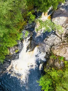 Top Down over Falls of Falloch from a drone Waterfall on River Falloch Stock Photos