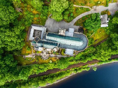 Top Down over St Conans Kirk from a drone Loch Awe in Argyll and Bute Scotland Stock Photos