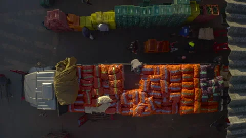 Top-Down Over a Truck Loaded with Onion Sacks Stock Footage 340535397