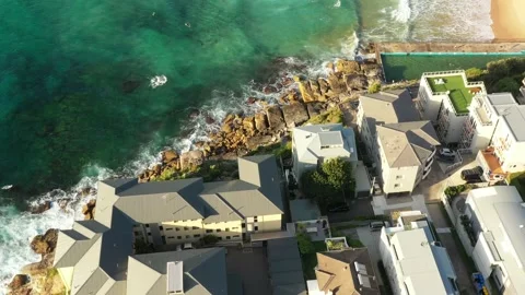 Top down over waterfront of Manly and Freshwater suburbs in aerial 4k. Stock Footage 170792817