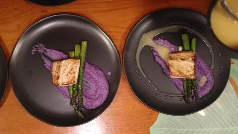 Top Down Overhead View Of Chef Saucing A Plate; Plating Technique. Stock Footage 278021817