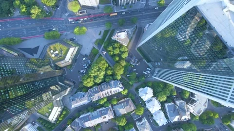 Top down pass above Sparkasse tower roof in skyline Stock Footage 331875634