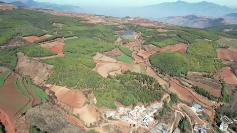 Top Down Patterns Of Red Soil And Green Crops in Dongchuan, China Stock Footage 344038040