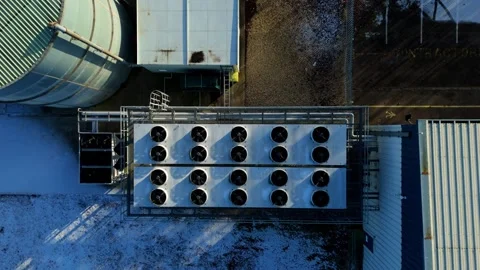 Top down perspective of a data center cooling system and exhaust fans. Stock Footage 335999071
