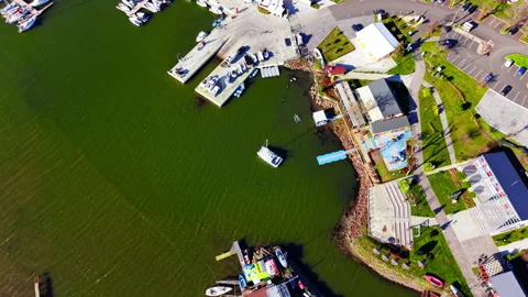Top down perspective of marina pier and park, Burgas, Bulgaria Stock Footage 336341308