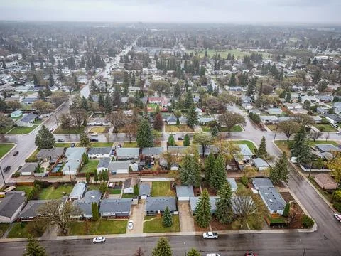 Top-down perspective reveals a tranquil suburban layout Stock Photos