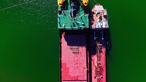 Top down perspective of a ship stern and lifeboats, Bulgaria Video stock 337194396