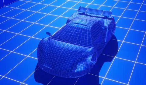 Top Down Perspective of a Supercar Wireframe Blueprint - 3d illustration Stock Illustration