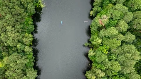 Top-down perspective of wild river kayaking in summer Poland. Stock Photos