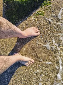 Top-down perspectives of human bare feet standing on wet sand and multiple fo Stock Photos