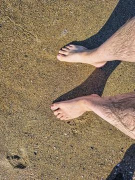 Top-down perspectives of human bare feet standing on wet sand and multiple fo Stock Photos