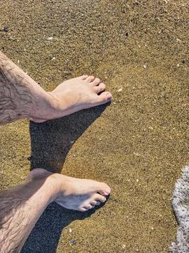 Top-down perspectives of human bare feet standing on wet sand and multiple fo Stock Photos