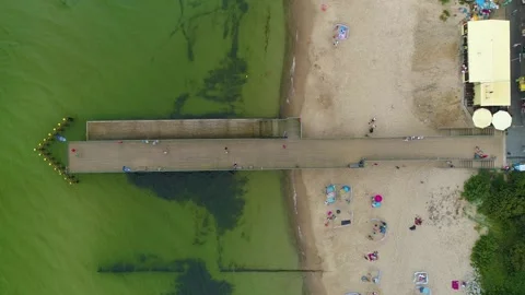 Top Down Pier Beach Baltic Sea Chlopy Molo Plaza Morze Aerial View Poland Stock Footage 243244889