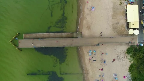 Top Down Pier Beach Baltic Sea Chlopy Molo Plaza Morze Aerial View Poland Stock Footage 243247269