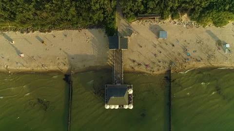 Top Down Pier Beach Ustronie Morskie Molo Busola Plaza Aerial View Poland Stock Footage 243254402